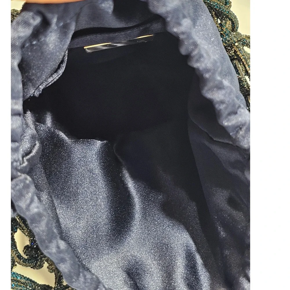 Judith Leiber Couture Sparkle Net Pouch Bag Bucket Navy Satin Mesh Evening EUC